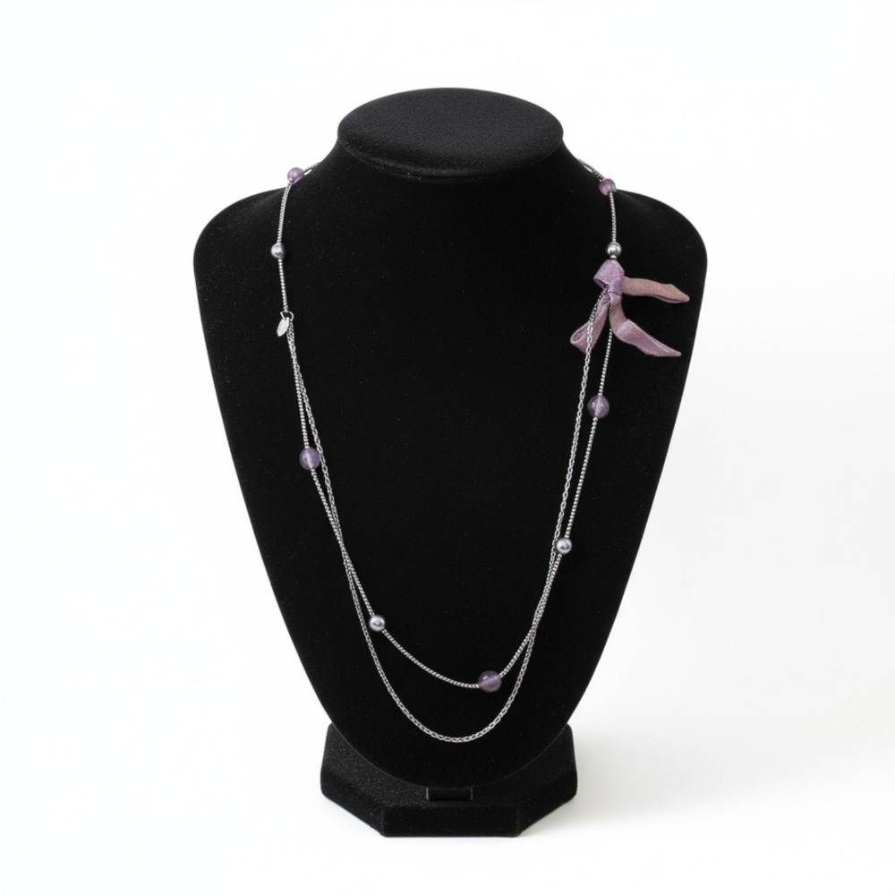 Silver Tone Layered Necklace w Lilac/Pink Organza Bow | Balletcore Coquette‎